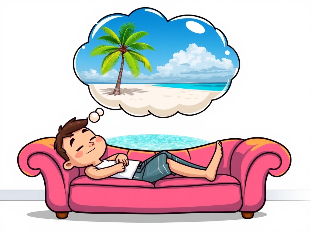 guided imagery: catroon character relaxing on a sofa with their eyes closed with a thought bubble showing an image of a beach blue sea with a palm tree 