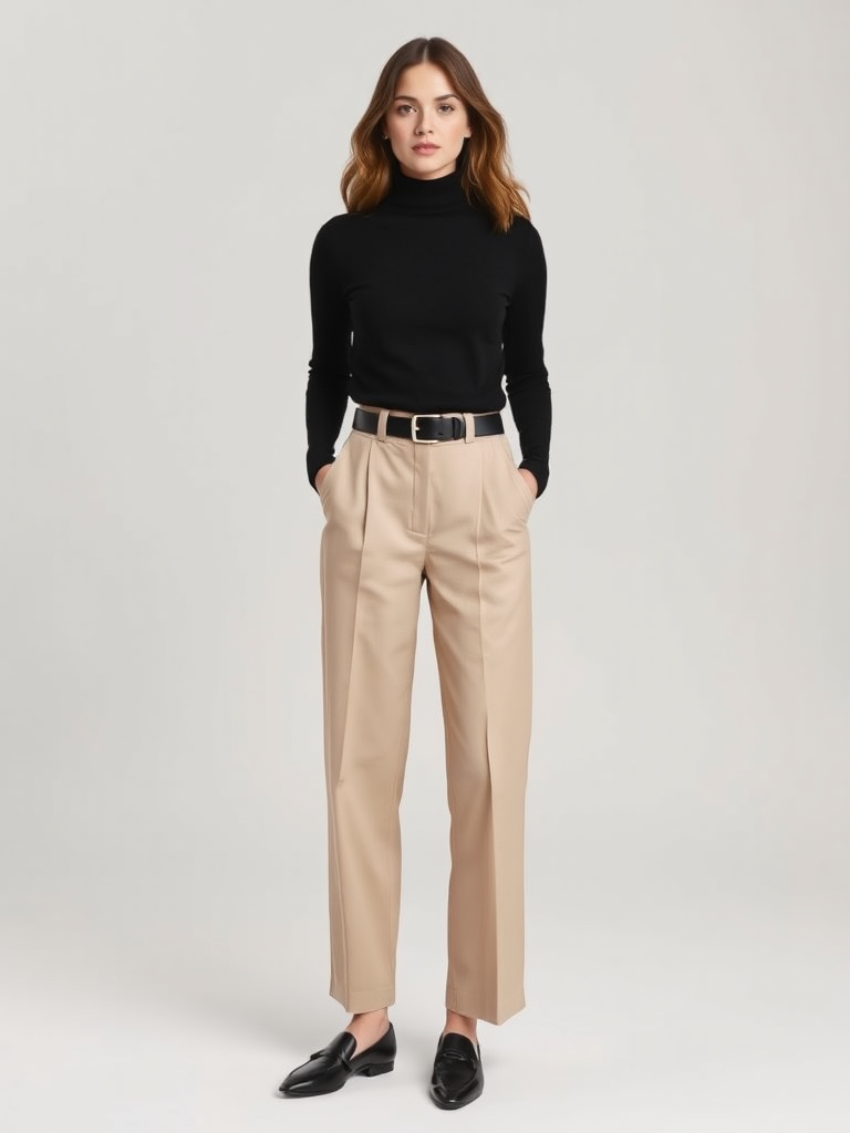 Woman in preppy turtleneck and trousers outfit