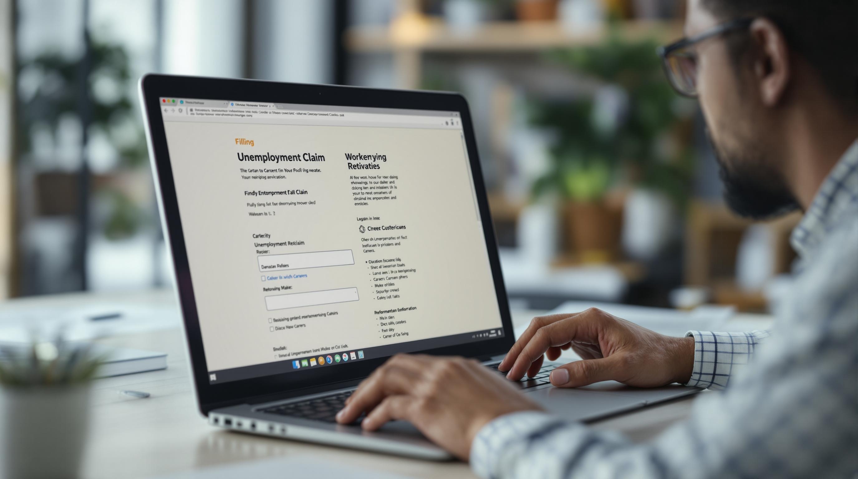 Worker Filing Unemployment Claim Online A diverse individual sitting at a desk, focused on a computer screen while filling out an unemployment claim online.