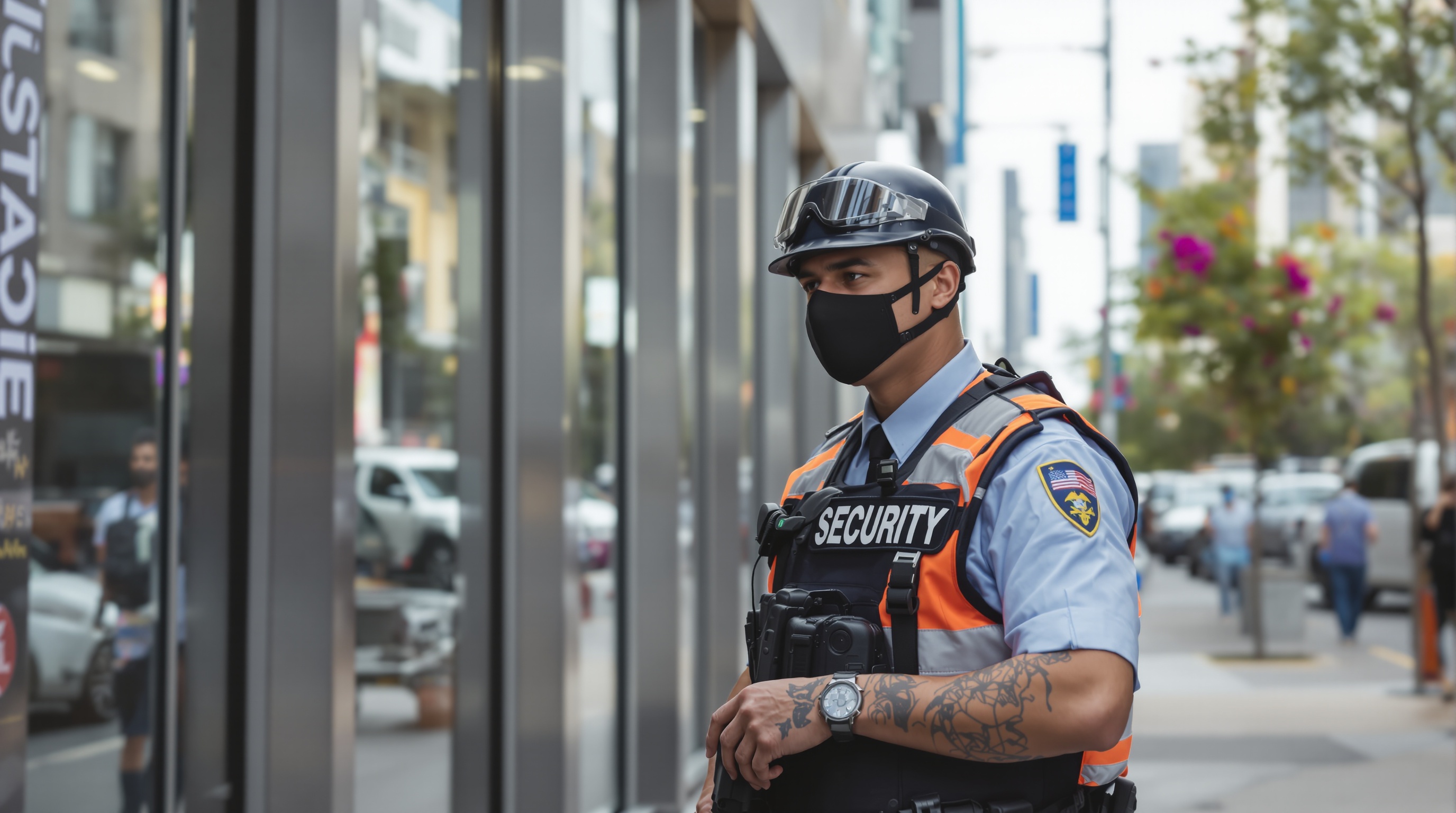 Security Guard on Duty A security guard standing watch and monitoring the area.