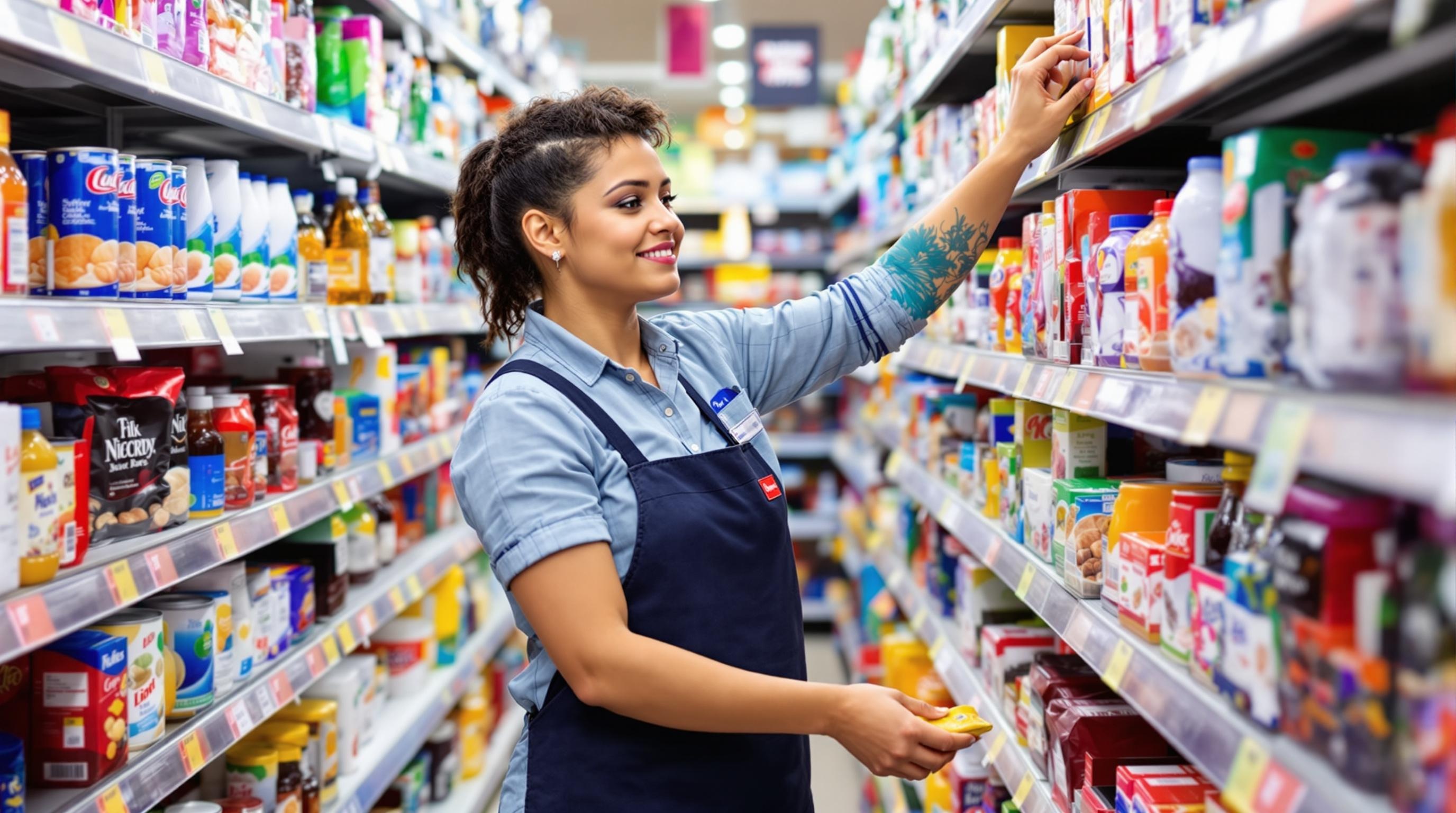 Store Clerk Stocking Grocery Shelves A store clerk organizing and placing grocery items on shelves in a store.