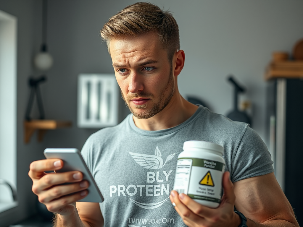 Create a realistic image of a concerned-looking white male in his 30s examining a protein powder container label in a well-lit kitchen, with a blurred background showing gym equipment, and a small warning sign icon visible on the container label.