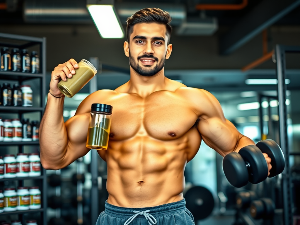 Create a realistic image of a muscular Middle Eastern man in his 20s standing confidently in a gym, holding a protein shake in one hand and a dumbbell in the other, with various bodybuilding supplements visible on a nearby shelf, bright lighting emphasizing his physique, and workout equipment in the background.