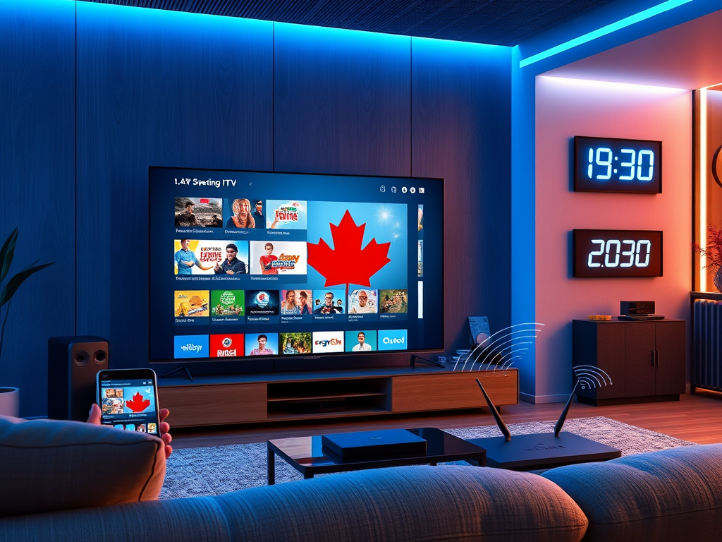 Create a realistic image of a futuristic living room with a large, ultra-thin smart TV displaying multiple streaming channels, a smartphone and tablet showing IPTV apps, Canadian flag in the background, high-tech router emitting visible Wi-Fi signals, and a digital clock showing 2030 as the year, all bathed in cool blue lighting to represent technology and innovation.