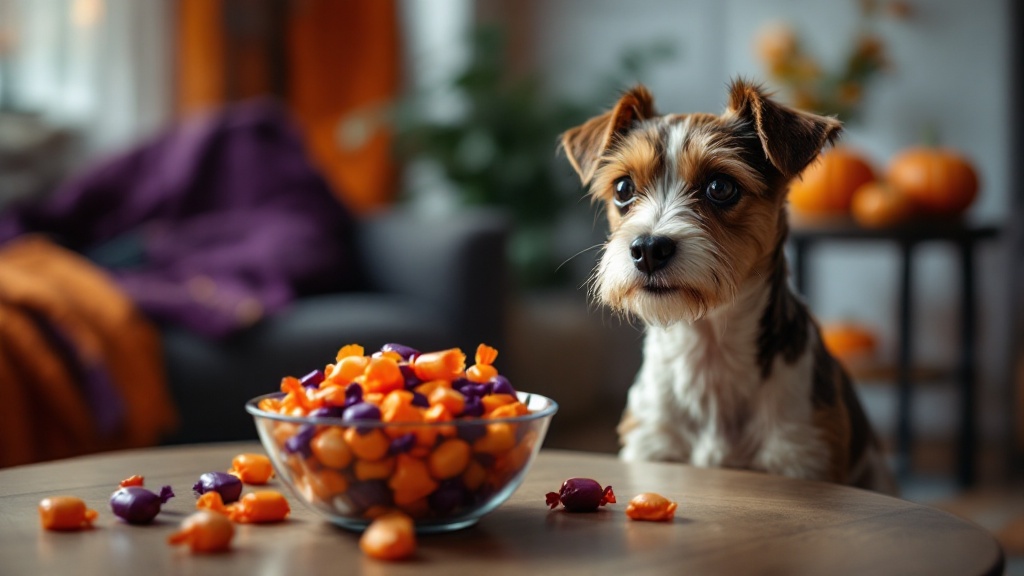 Dog kept safely away from Halloween candy