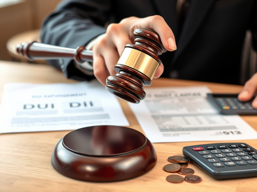 Create a realistic image of a person's hand holding a gavel, symbolizing legal authority, with a blurred courtroom background. The gavel should be wooden and well-worn, suggesting experience. On a nearby desk, papers labeled "DUI Expungement" are visible, along with a calculator and some coins, hinting at affordability.
