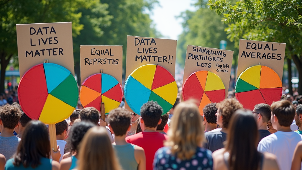 A group of colorful pie charts and bar graphs holding protest signs that read 'Data Lives Matter' and 'Equal Representation for Averages' in a sunny park, surrounded by bewildered humans.