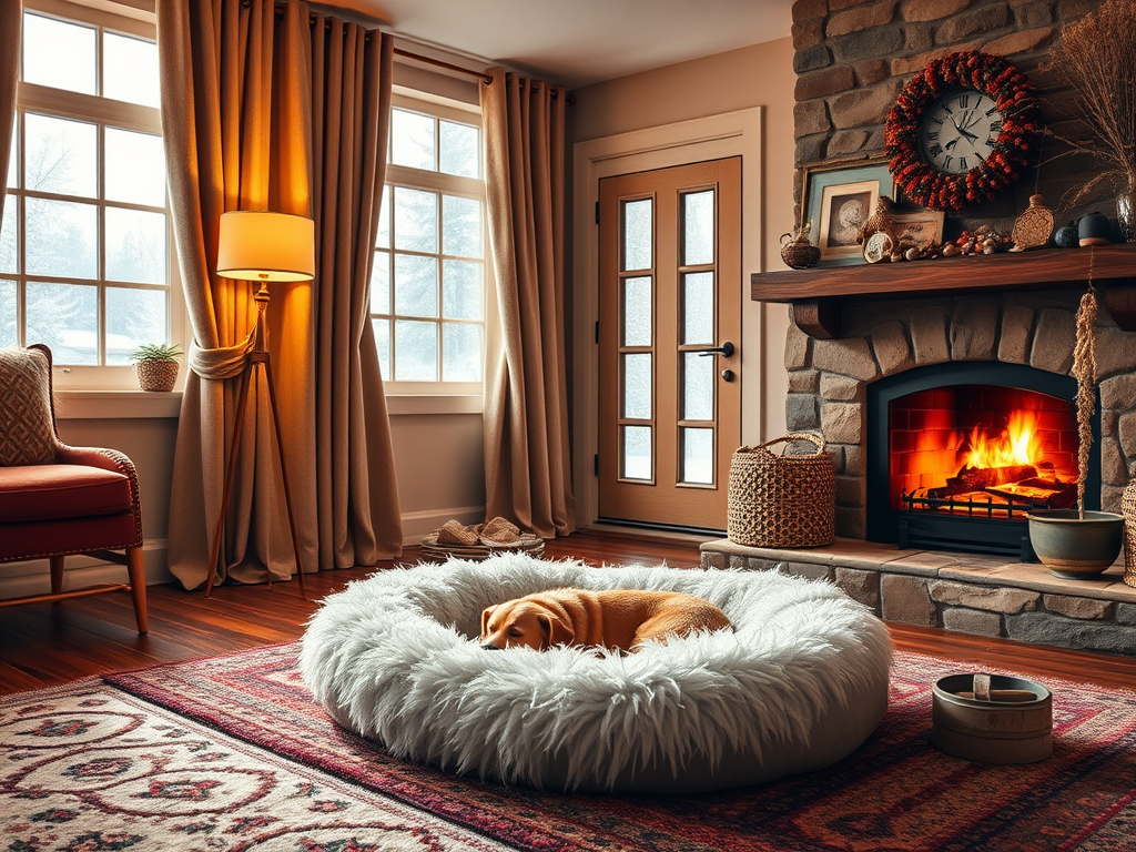 Create a realistic image of a cozy living room with a fluffy dog bed near a warm fireplace, thick curtains covering frosty windows, draft stoppers at the base of doors, a thermostat set to a comfortable temperature, and a bowl of fresh water for pets, all illuminated by soft, warm lighting to convey a sense of winter preparedness and pet comfort.