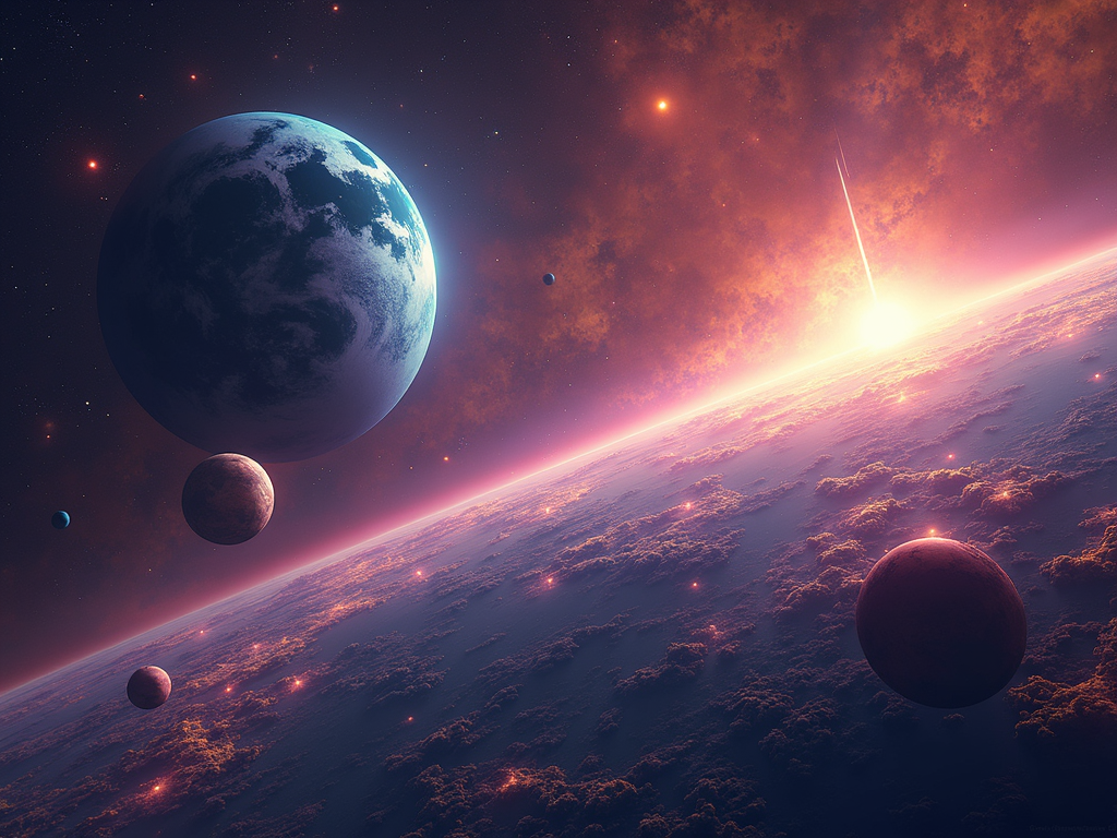 A solar system with vibrant-colored planets and exotic atmospheres, depicted in a science fiction style. HD, 8k, vivid colors, HDR effect, color palette, illustration, photo, 3D render, vibrant, portrait photography.