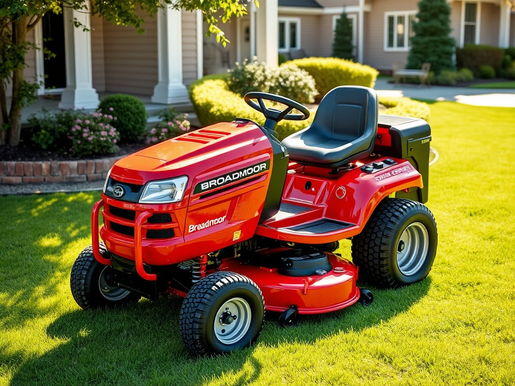 Create a realistic image of a vibrant red Broadmoor lawn tractor positioned on a lush, well-manicured green lawn with neatly trimmed edges, sunlight gleaming off its polished surface, showcasing its powerful engine and comfortable seat, with a suburban house partially visible in the background.