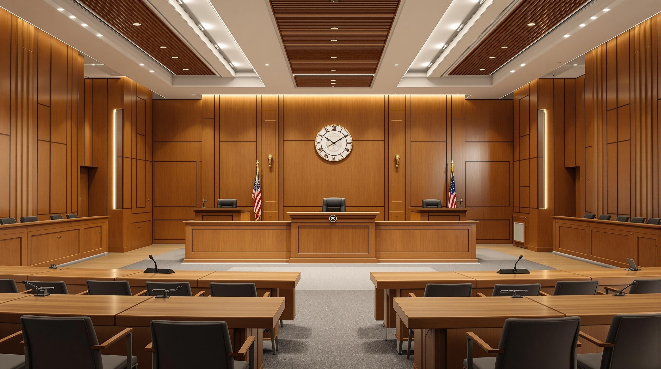 Empty Courtroom An ultra realistic photo of an empty courtroom with wooden benches, judge's bench, and flags in the background.