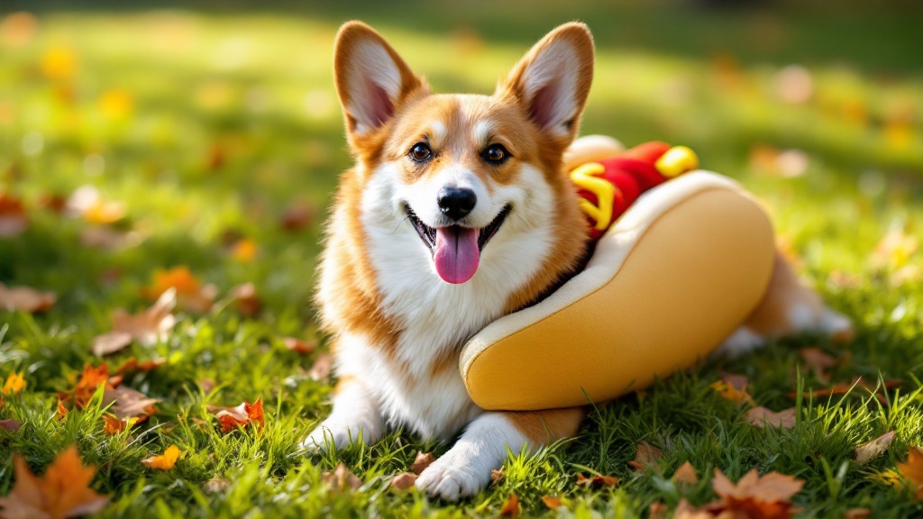 Corgi wearing humorous hot dog Halloween costume