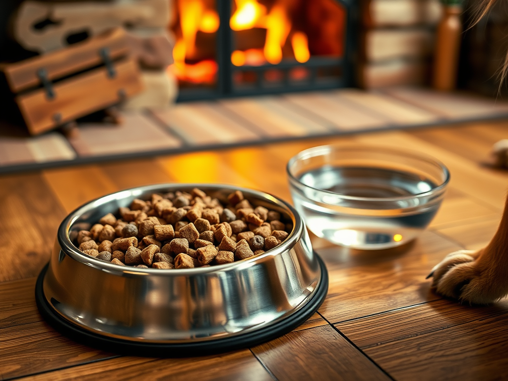 Create a realistic image of a close-up view of a stainless steel dog bowl filled with nutritious kibble and another bowl with fresh water, placed on a wooden floor near a cozy fireplace, with a warm and inviting atmosphere, and a dog's paw visible at the edge of the frame.
