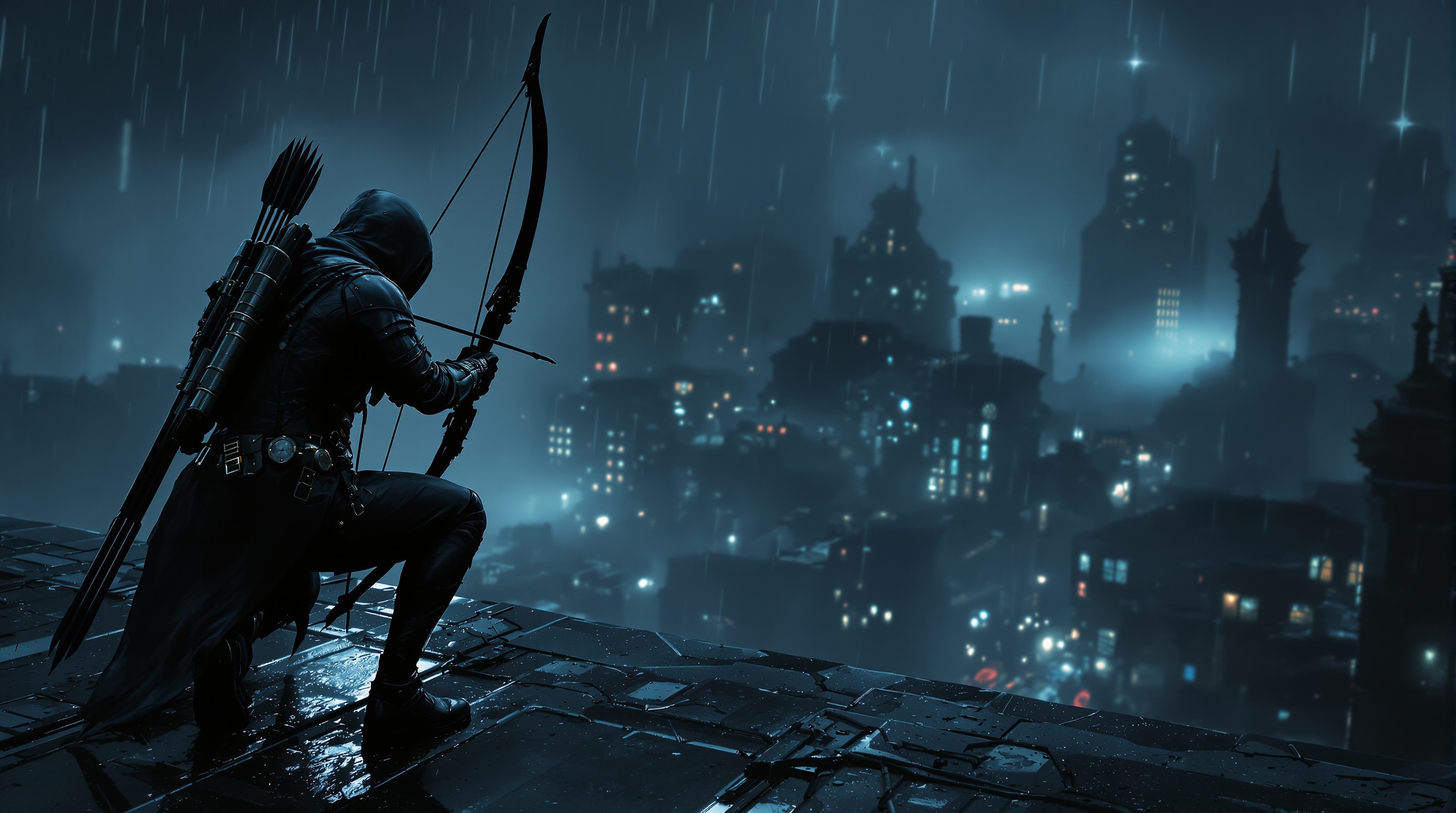 Un ladrón se esconde en los tejados de La Ciudad, una escena clave en nuestro análisis de sigilo de Thief VR.