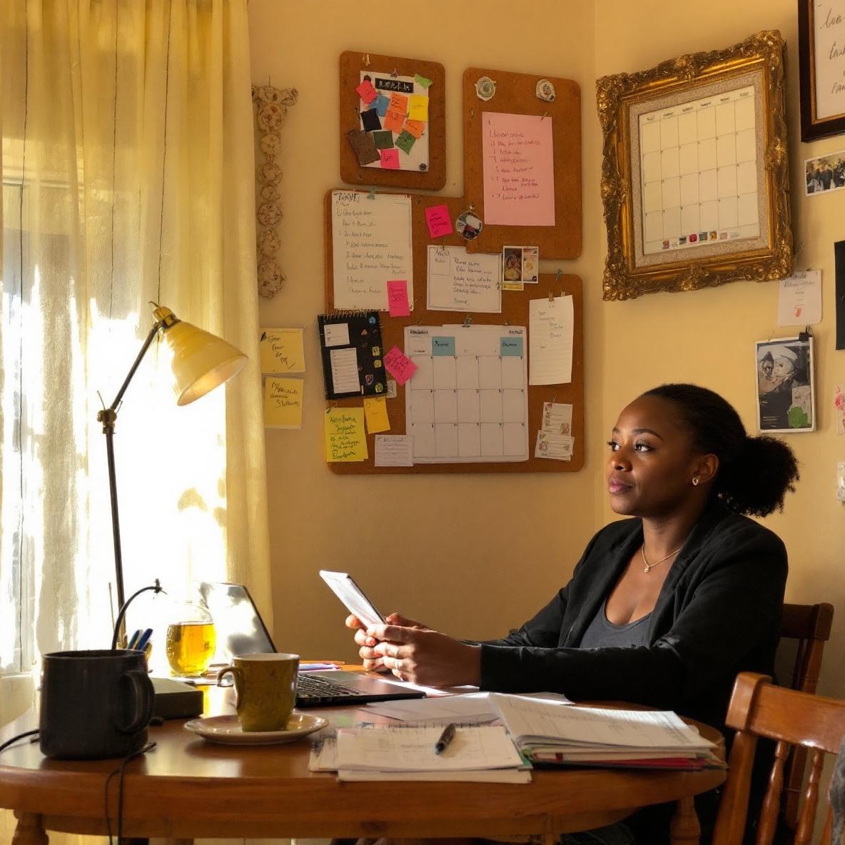 A person at a desk surrounded by pinned reminders and organized calendars, deep in thought about past work and future planning in a warm, inviting space.