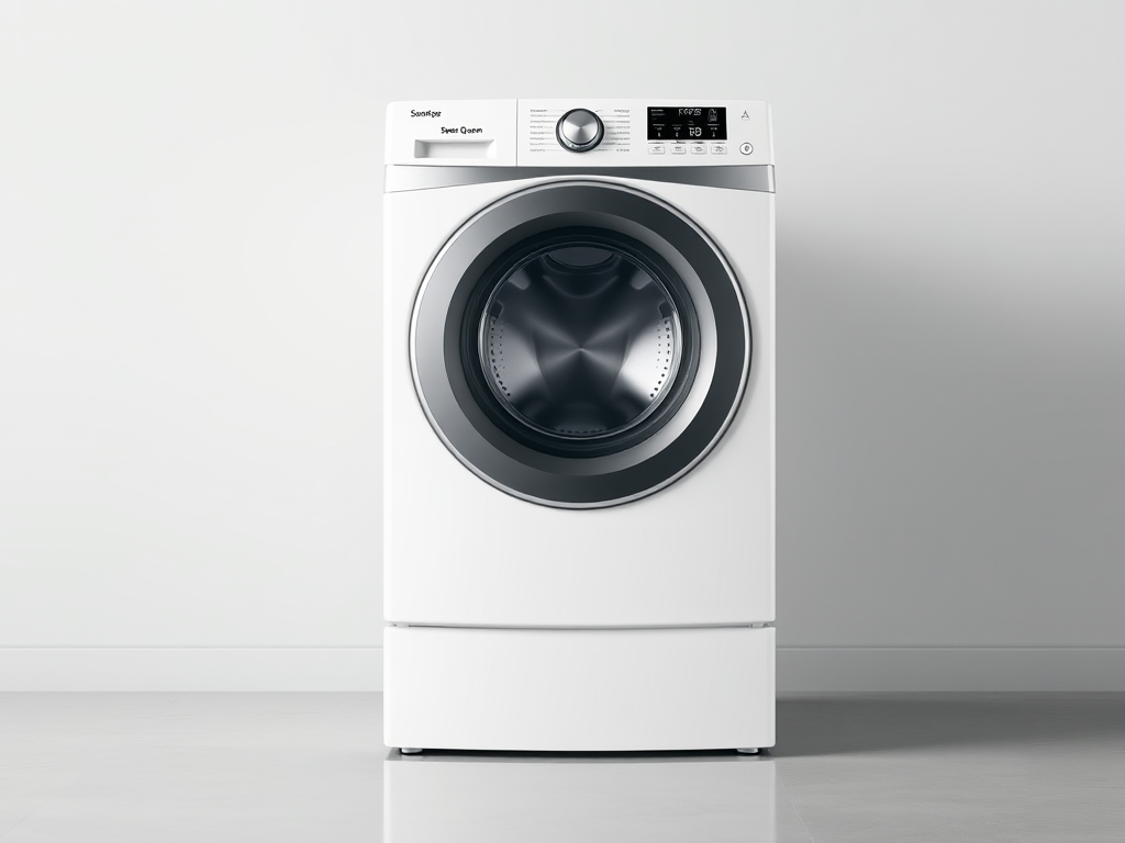 Create a realistic image of a sleek, white Speed Queen SV6000WE 27-inch front-loading washing machine against a plain light gray background, with a subtle reflection on a polished floor, featuring clear digital display and chrome accents, emphasizing its modern design and high-quality build.