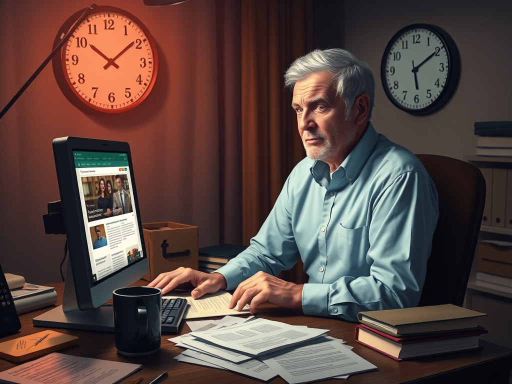 Create a realistic image of a middle-aged white male sitting at a desk in a dimly lit room, looking at a computer screen displaying legal websites. Scattered papers and law books are on the desk. A coffee mug and a calculator are visible. The man's expression is focused and slightly worried. A wall clock in the background shows late evening time.