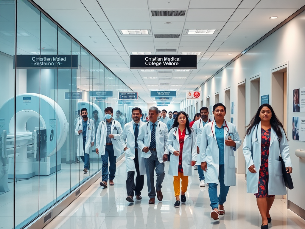 Create a realistic image of a modern hospital corridor with state-of-the-art medical equipment visible through glass-walled rooms, including MRI machines and robotic surgical systems. Show a diverse group of doctors and nurses, including Indian male and female healthcare professionals in white coats, walking purposefully. Include clear signage in English indicating "Christian Medical College Vellore" and bright, clean lighting throughout the scene.