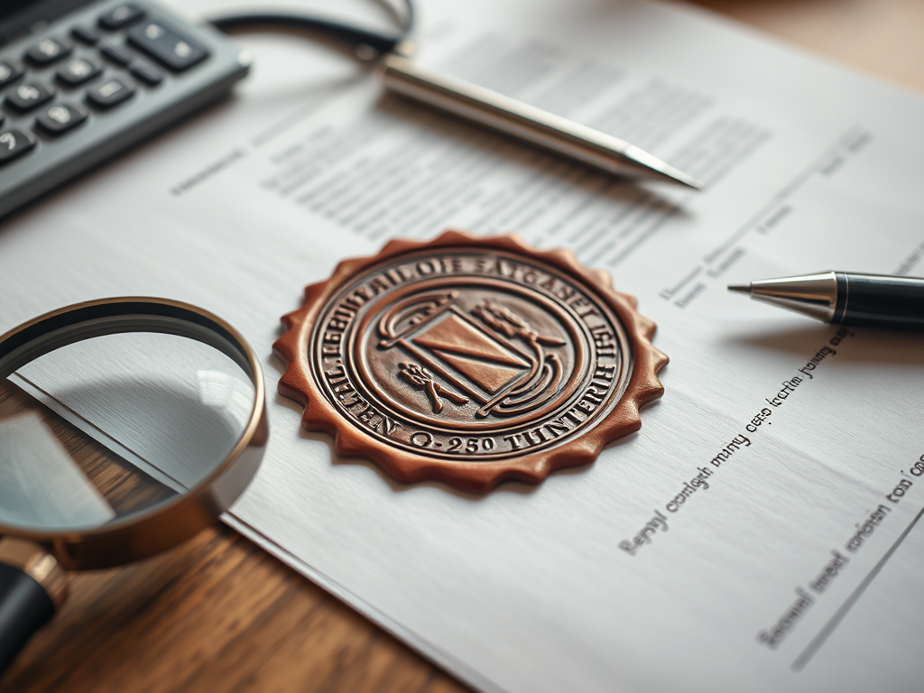 Create a realistic image of a close-up view of an official-looking document with a raised seal visible, resting on a desk next to a magnifying glass, pen, and calculator, with soft natural lighting emphasizing the seal's texture and importance.