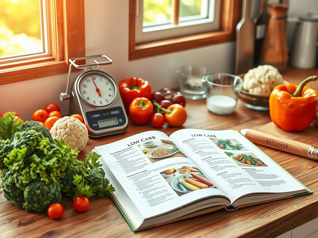 Create a realistic image of a wooden kitchen counter with an open cookbook displaying colorful low-carb recipes, surrounded by fresh vegetables like broccoli, cauliflower, and bell peppers, a digital kitchen scale, and measuring cups, with warm, natural lighting streaming in from a nearby window.