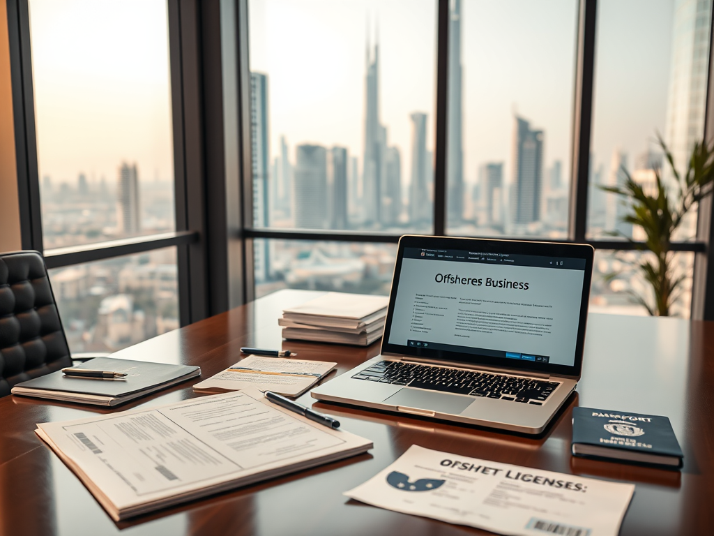 Create a realistic image of a modern office with a view of Dubai's skyline, focusing on a desk with neatly arranged documents including passports, business licenses, and official papers. A laptop displaying offshore business regulations is visible. The scene is well-lit, emphasizing the professional and organized nature of offshore business licensing in the UAE.