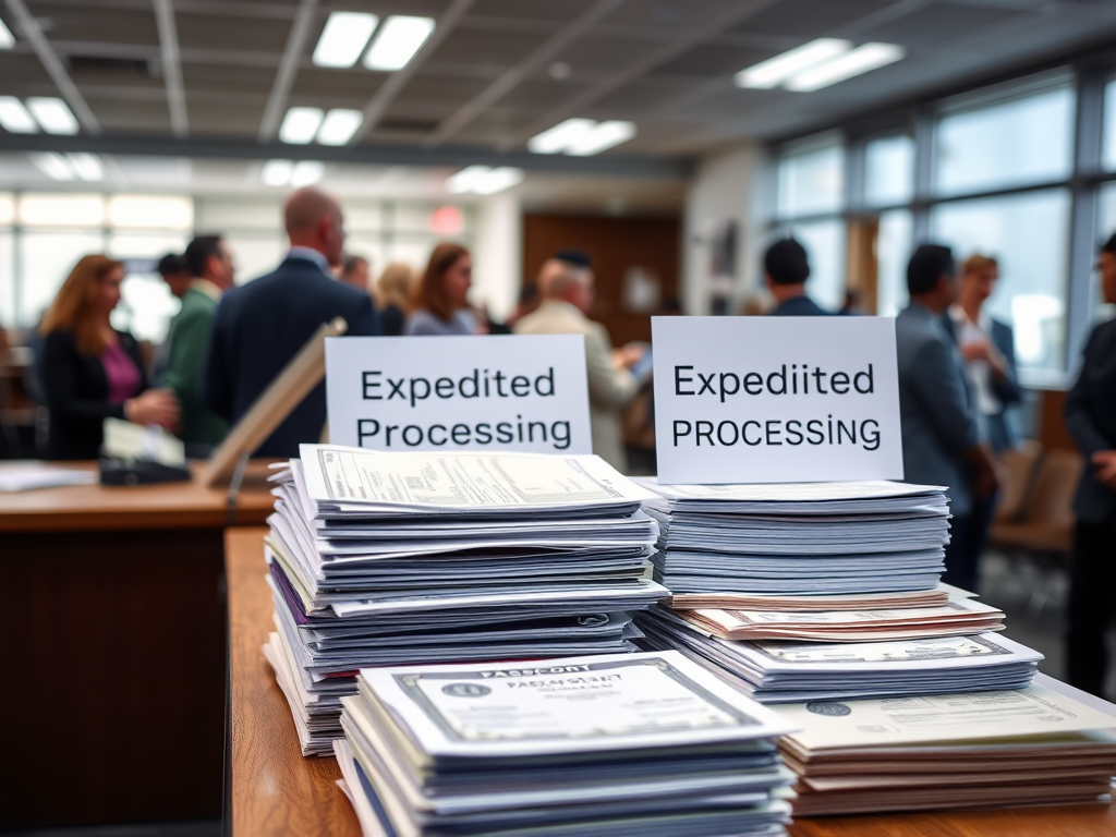 Create a realistic image of a passport application desk with stacks of organized documents, including birth certificates, driver's licenses, and social security cards. A sign reading "Expedited Processing" is prominently displayed. The scene is well-lit, depicting a busy government office interior with people waiting in the background.