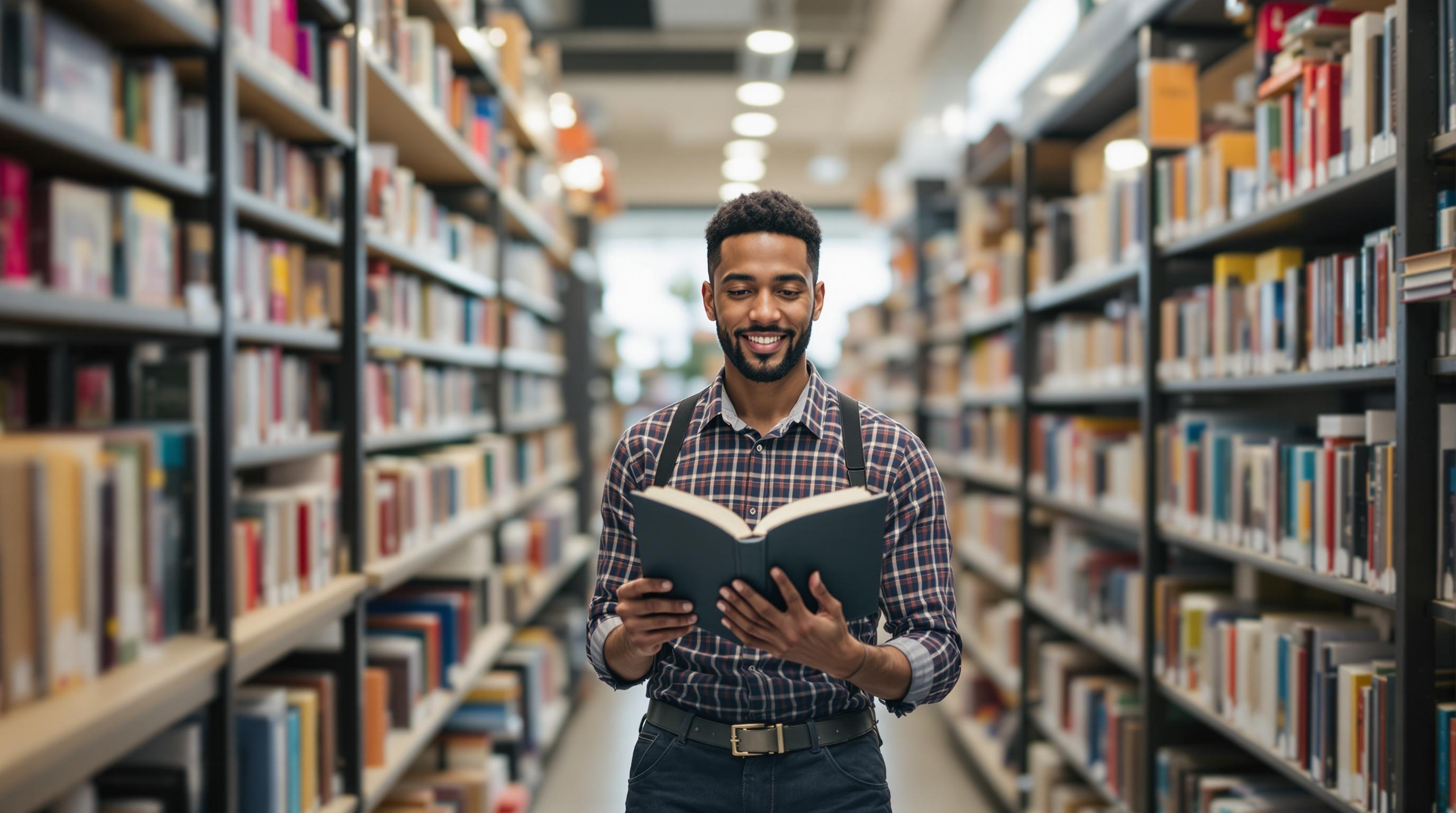 Diverse Career Exploration in a Book Store A person of color holding a book in a cozy book store setting, surrounded by shelves of books. The individual appears engaged and focused on the book in their hands.