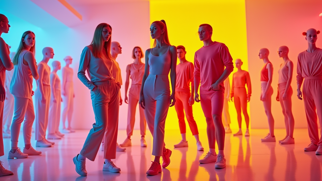 A group of people wearing matching bright-colored outfits, striking poses in a vibrant, exaggerated fashion studio filled with holographic fashion guides and futuristic mannequins.