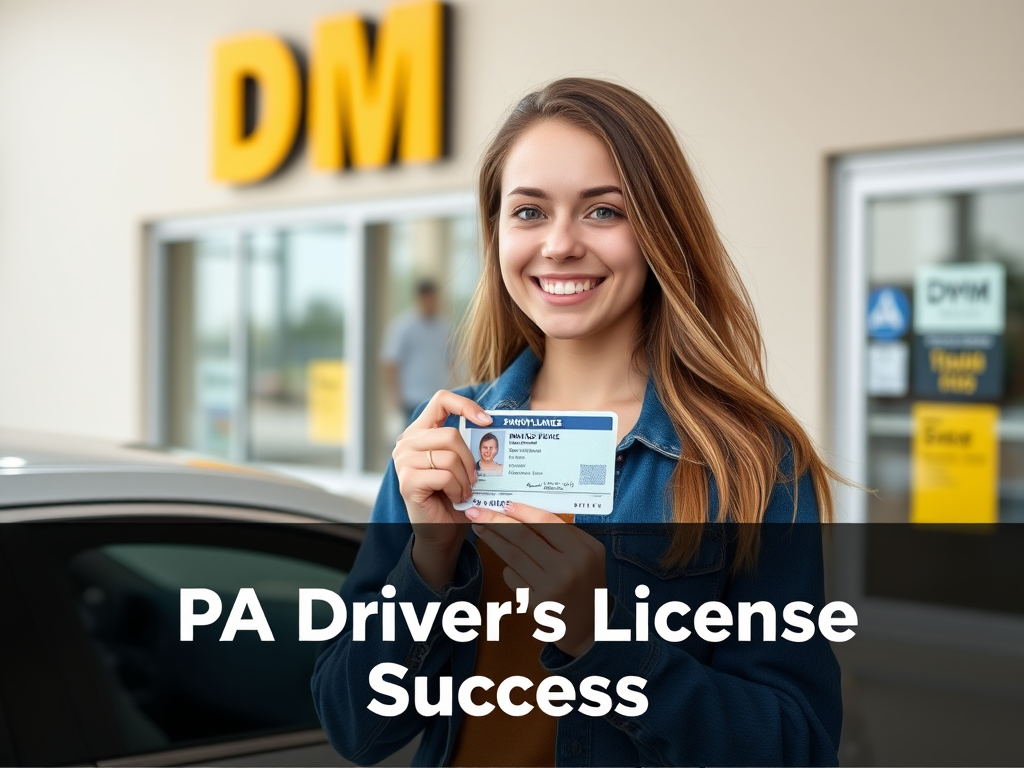 Create a realistic image of a smiling young white female holding a newly issued Pennsylvania driver's license, standing in front of a DMV office with a car visible in the background. The license should be prominently displayed. Text overlay: "PA Driver's License Success".