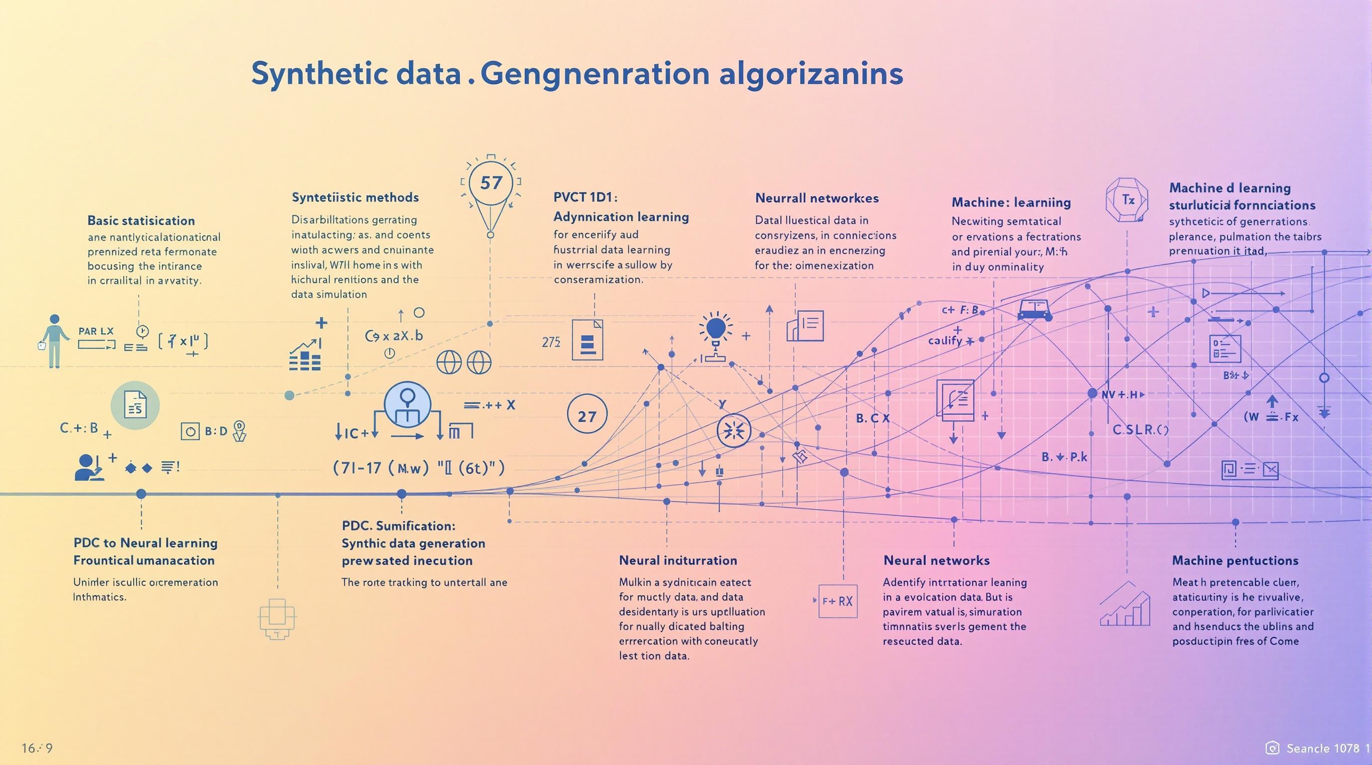Timeline-style illustration showing the progression from basic statistical methods to advanced machine learning algorithms for synthetic data generation, including neural networks and modern data simulation techniques, clean and modern tech design, professional digital aesthetic, 16:9 aspect ratio
