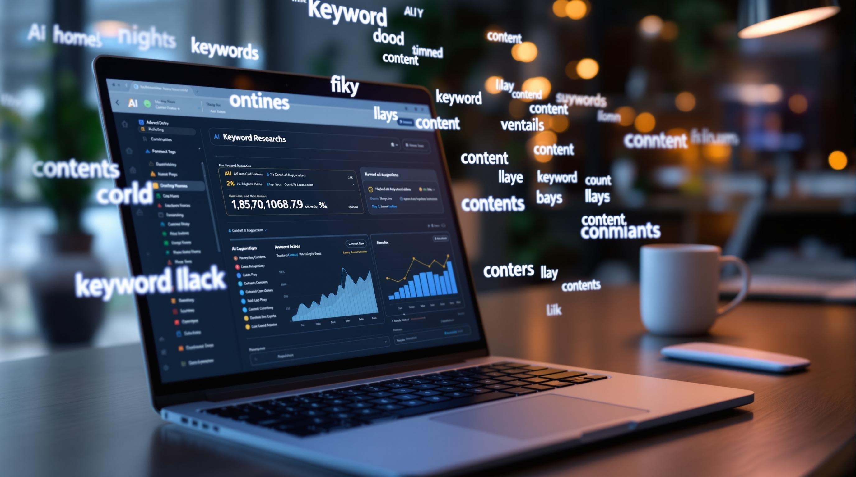 Modern workspace scene with a laptop displaying advanced keyword research tools, digital analytics graphs, and AI-powered content suggestions, surrounded by keyword tags and a sleek professional environment, 16:9 aspect ratio, clean and contemporary style