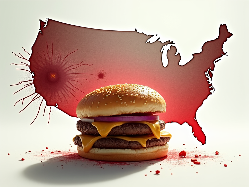 Visualize a striking and impactful magazine cover for the paper titled 'McDonald's E. coli Outbreak: Risks and Prevention Strategies'. The central image features a hyper-realistic illustration of a half-eaten McDonald's Quarter Pounder with visible slivered onions, positioned prominently in the foreground. The burger casts a shadow over a map of the United States, subtly highlighted with red areas representing the 13 affected states. Behind, a menacing depiction of the E. coli bacteria looms large, artistically stylized to look threatening and foreboding, integrating elements of dark, swirling patterns to signify the spread of the bacteria. The background is a clinical white, symbolizing the medical and investigative response, with faint overlay of text from official CDC and FDA documents. The lighting is dramatic, with a sharp contrast between the dark, ominous bacteria and the brightly lit, clinical background, creating a sense of urgency and danger. The color palette includes clinical white, danger red, burger brown, and onion white, paired with a mood that is informative yet alarming. The artistic style merges photorealism for the food item and stylized abstraction for the bacteria, offering a visually compelling narrative that encapsulates the seriousness of the outbreak and the ongoing response efforts.