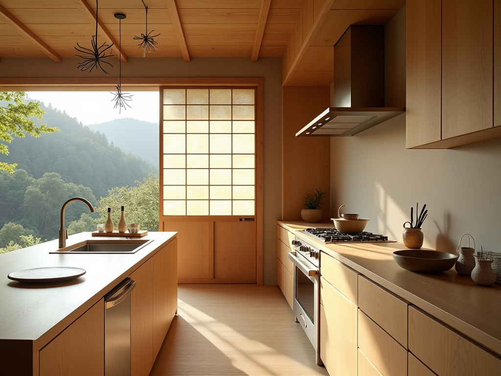 Serene Japanese Minimalist Kitchen with Shoji Screens