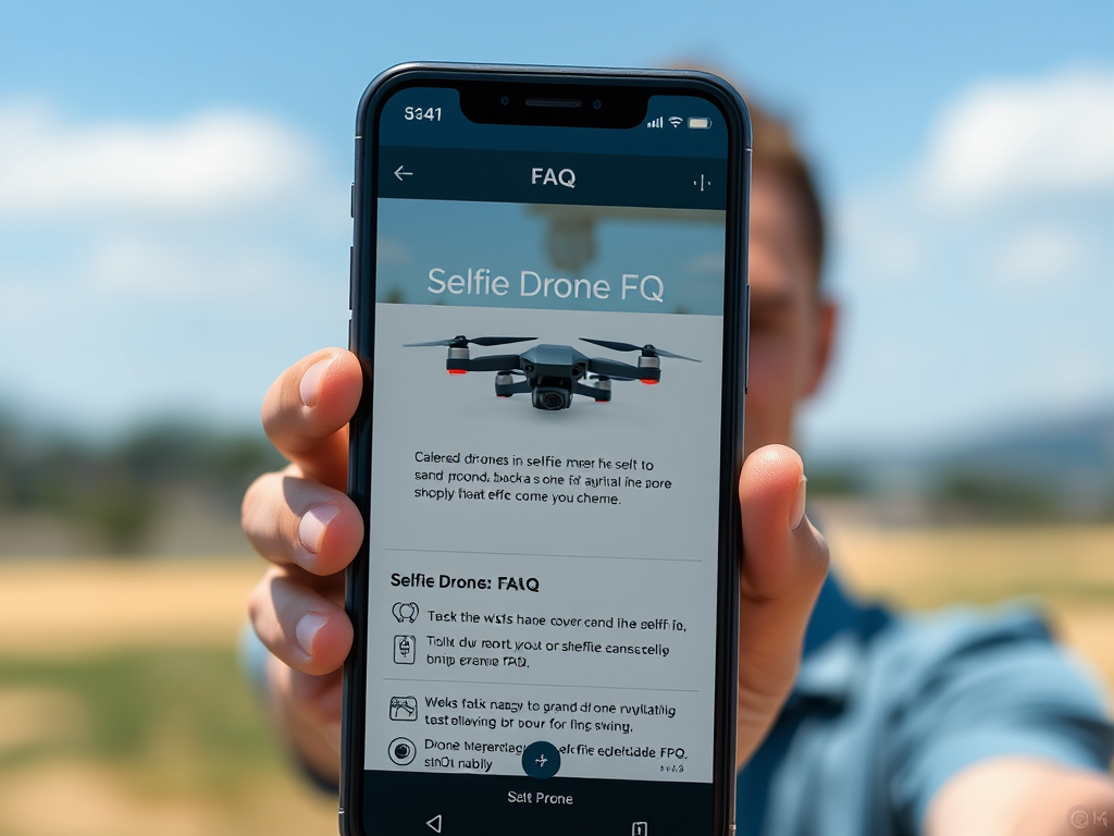 Create a realistic image of a smartphone screen displaying a FAQ section titled "Selfie Drone FAQ" with icons of drones and cameras, hovering over a blurred background of a person using a small drone for taking a selfie in an outdoor setting.