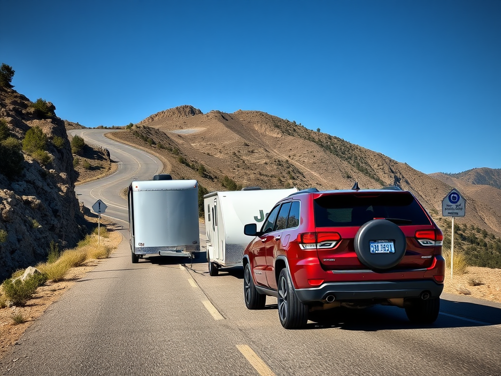 Create a realistic image of a Jeep Grand Cherokee towing a trailer on a winding mountain road, with visible safety features like trailer sway control and brake controller, a driver checking mirrors, and road signs warning about steep grades and curves ahead, all under clear blue skies.