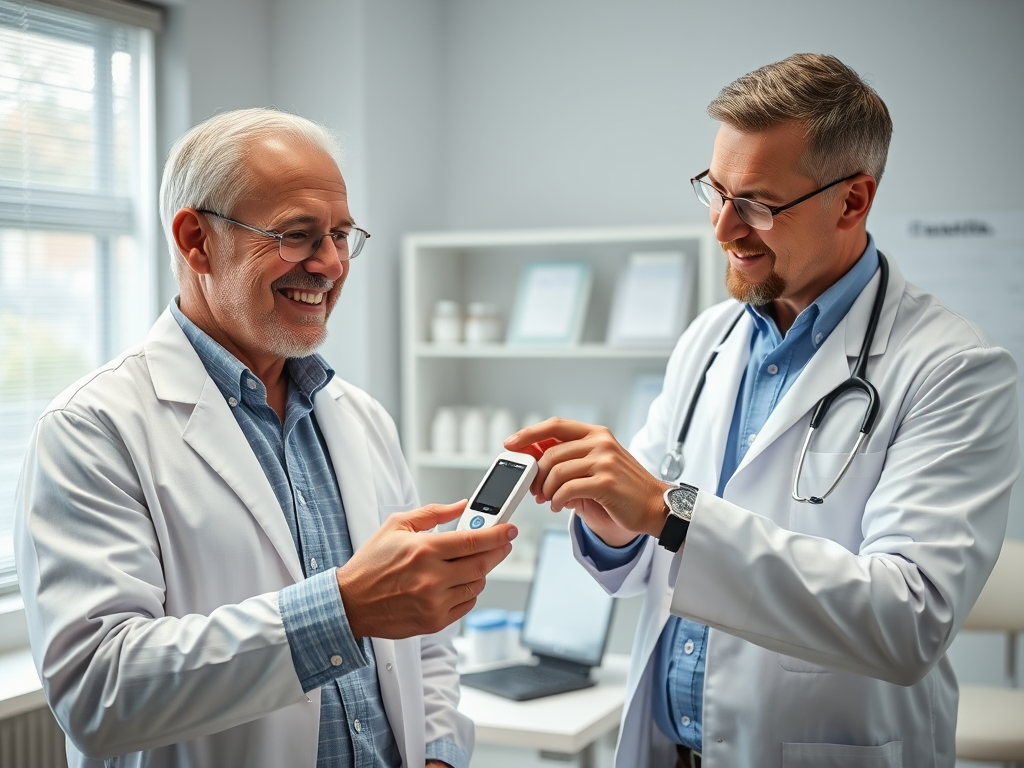 Create a realistic image of a middle-aged white male patient smiling confidently while looking at a digital glucose meter in his hand, with a doctor in a white coat standing nearby pointing at the meter, in a bright, modern medical office setting with a desk in the background displaying various diabetes treatment options like insulin pens and medication bottles.