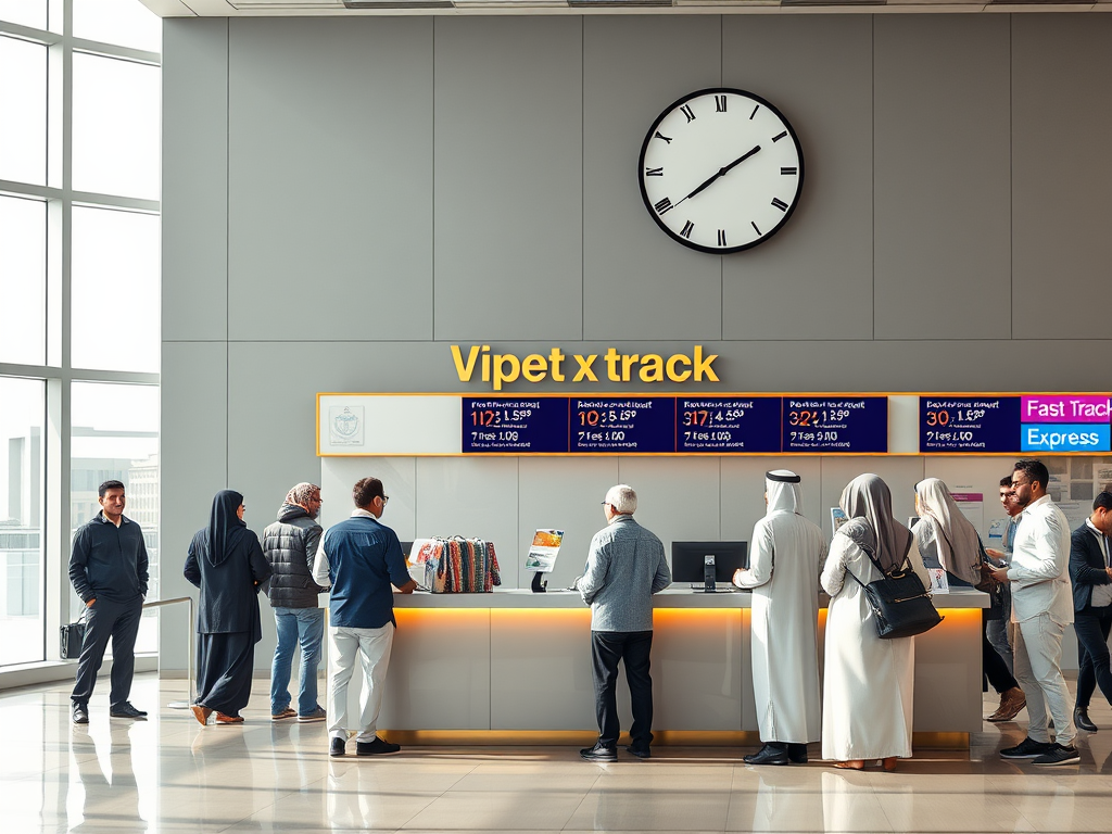 Create a realistic image of a modern government office in Dubai with a "Fast Track" or "Express Service" counter prominently displayed, showing a mix of Emirati and expatriate customers waiting in line, with digital screens displaying visa processing times and a large clock on the wall emphasizing speed and efficiency.
