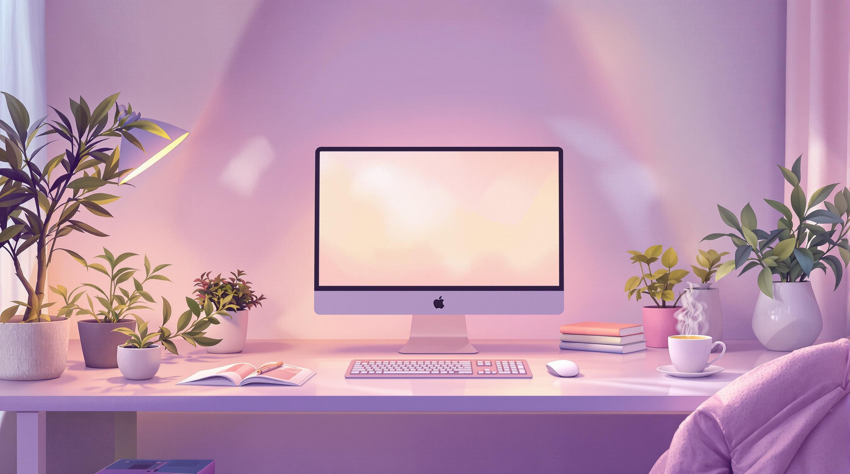 A semi-realistic, digital painting style with a pastel colour palette image of some computers