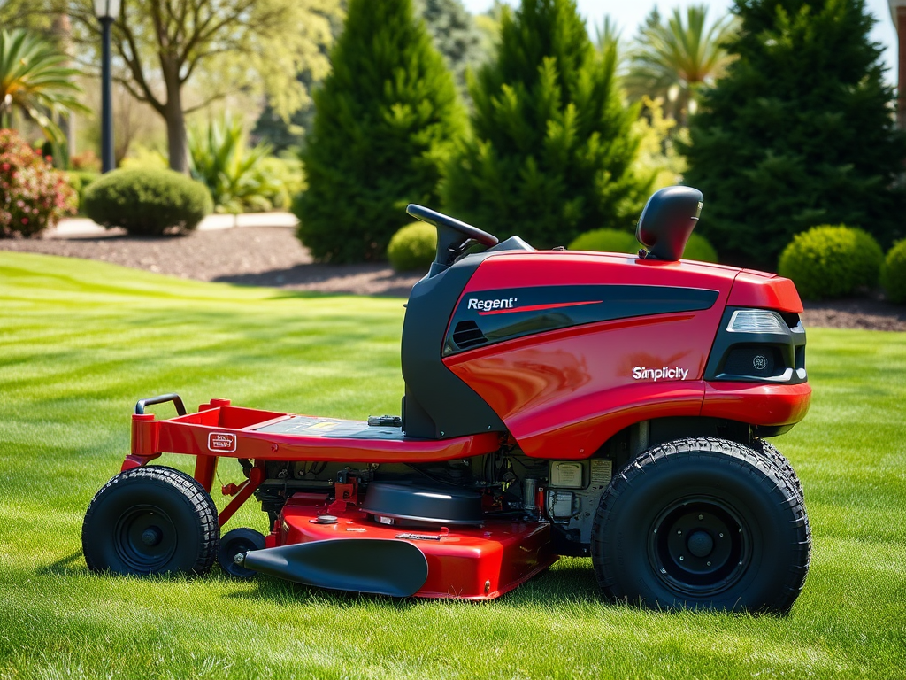 Create a realistic image of a red Regent lawn tractor mower on a sunny day, positioned on a well-manicured green lawn with neatly trimmed grass, surrounded by a few trees and shrubs in the background, showcasing its sleek design and robust features, with the Simplicity logo visible on the side of the mower.