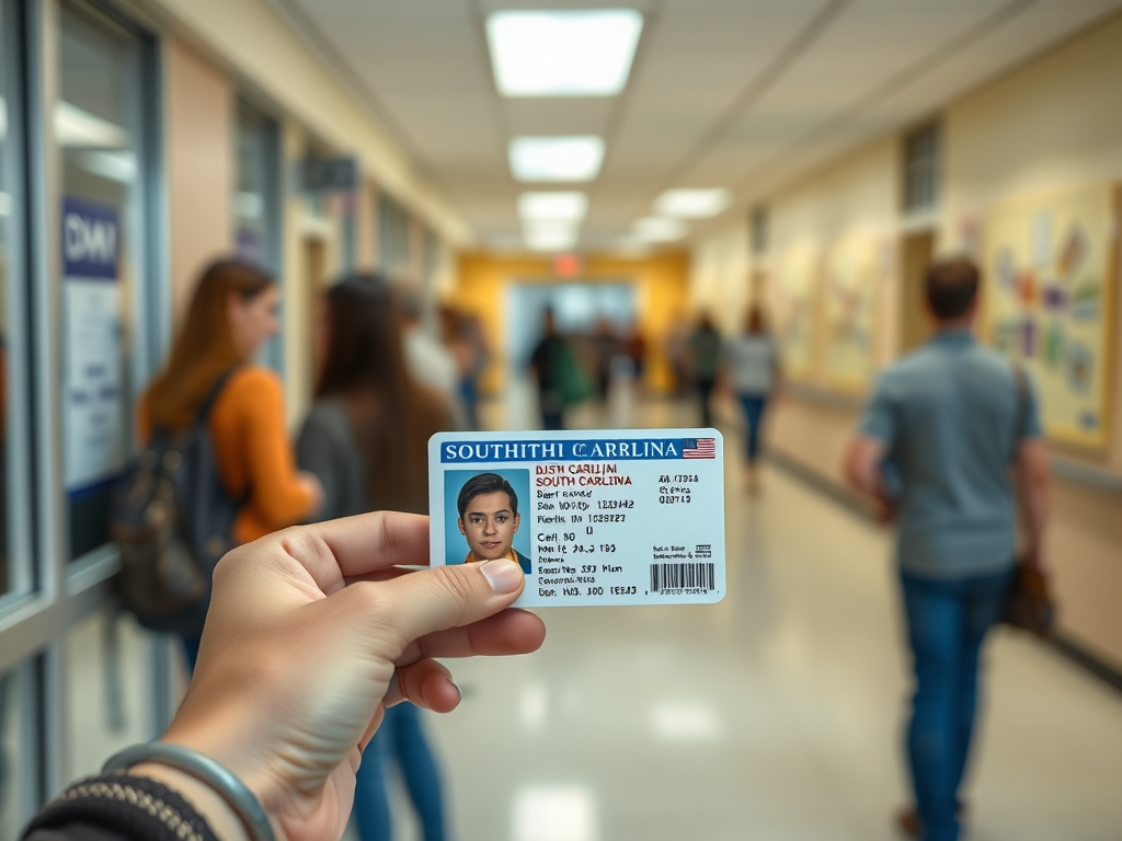 Create a realistic image of a young adult's hand holding a newly issued South Carolina ID card against a blurred DMV office background, with other people waiting in line visible in the distance.