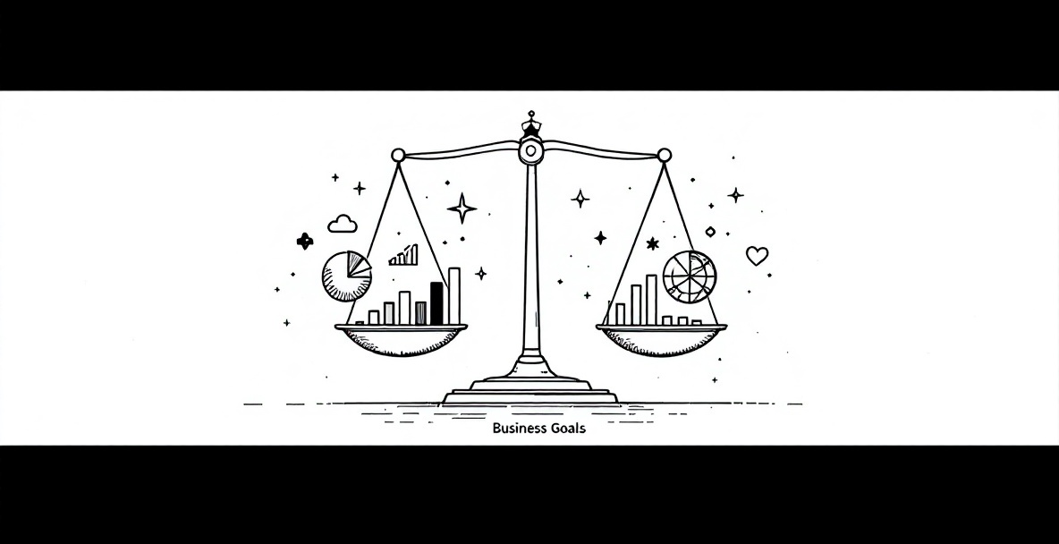 Minimalist line drawing of a balanced scale comparing quantitative metrics with qualitative success measures on a 'Business Goals' foundation