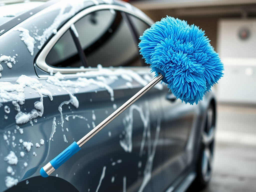 Create a realistic image of a car wash cleaning mitt on a long, extendable stick against the backdrop of a soapy car door, with water droplets and suds visible on the surface. The mitt should be made of soft, fluffy microfiber material in a bright blue color. The stick should be metallic silver with an ergonomic grip. Include a blurred garage or driveway setting in the background to provide context.