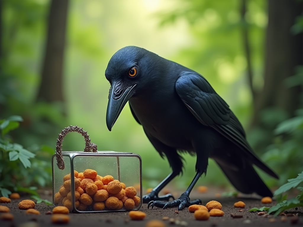 Visualize a highly detailed and thought-provoking cover image for a scientific paper titled 'Exploring the Avian Mind: The Remarkable Intelligence of Crows'. The central focus of the artwork should be a New Caledonian crow in mid-action, using a creatively bent wire tool to extract food from a transparent puzzle box, symbolizing problem-solving skills. The background should depict a lush, verdant forest setting that enhances the natural habitat of the crow. The image should be rendered in a hyper-realistic style with sharp, clear details that emphasize the texture of the crow's feathers and the intricate design of the tool. Lighting should be soft and natural, filtering through the trees to create a serene yet intellectually stimulating atmosphere. The mood is one of curiosity and awe, capturing the viewer's attention with the crow's intelligent gaze directed towards the viewer, as if challenging our understanding of intelligence. The color palette should include deep forest greens, earthy browns, and metallic grays to reflect the natural environment and the tool. Artistic style should lean towards a blend of scientific illustration and fine art to give both an accurate and aesthetically appealing representation of the scene.