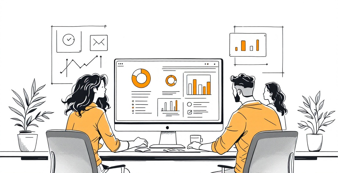 Digital marketing team conducting UX testing with a large screen and data charts in a collaborative setting.
