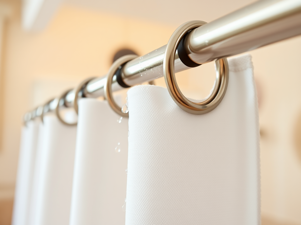 Create a realistic image of a close-up view of shiny, silver-colored rustproof grommets attached to a clean, white shower curtain, with water droplets visible on the grommets and curtain, highlighting their durability and water-resistant qualities, set against a blurred bathroom background with soft, warm lighting.