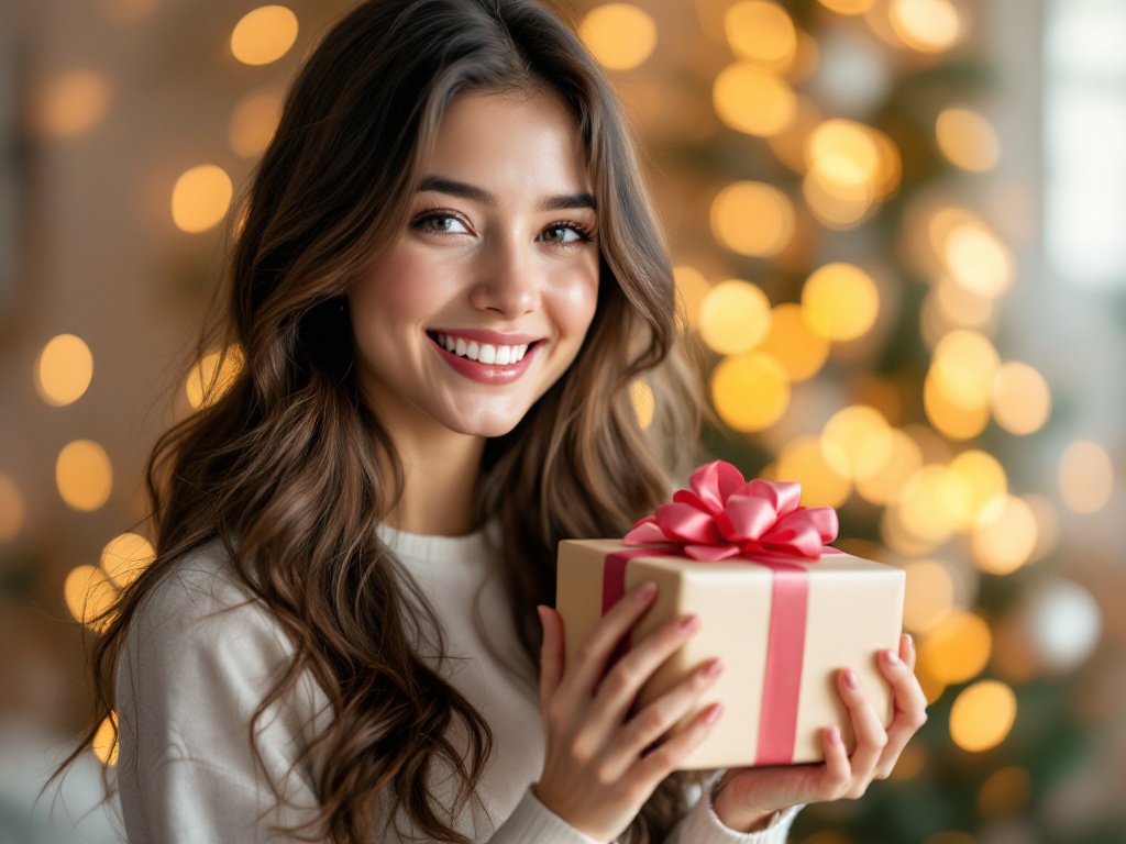 A photorealistic shot capturing a young woman smiling and holding a beautifully wrapped gift box, with soft lighting and a blurred background suggesting a celebration