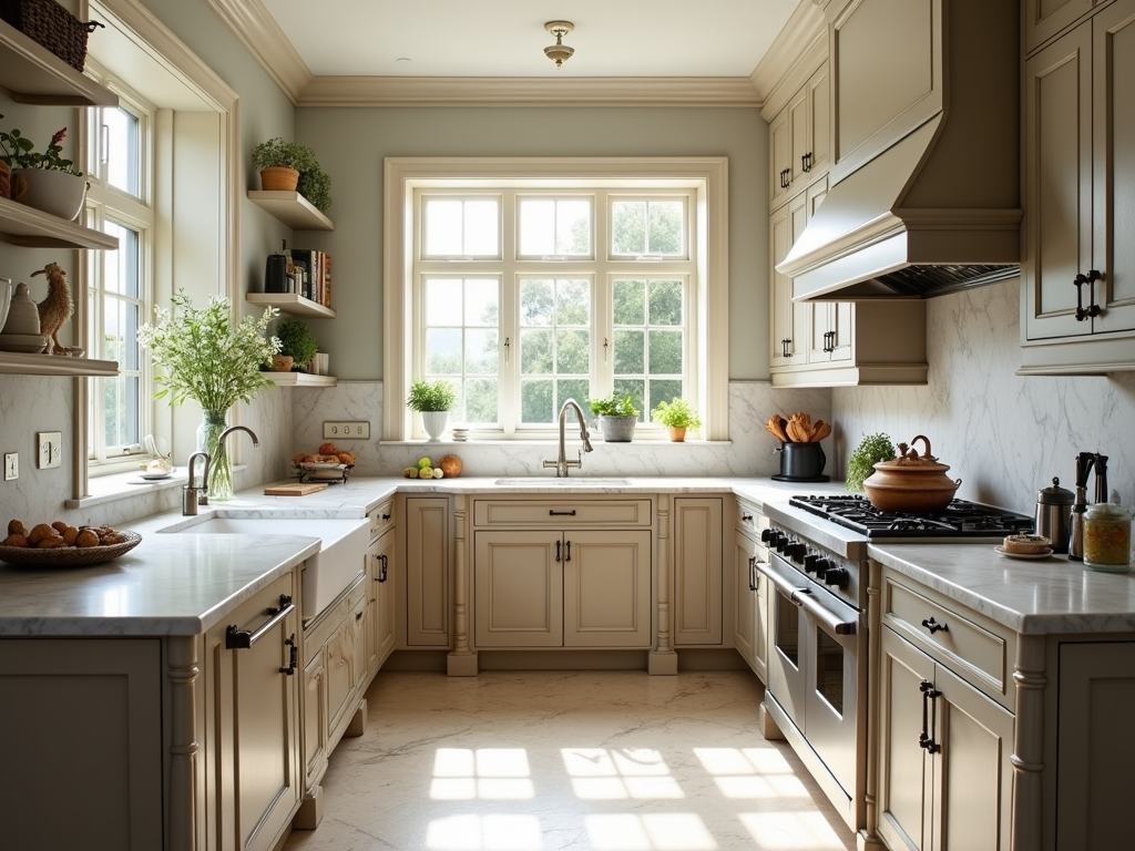 Elegant Sunlit Greige Victorian Kitchens