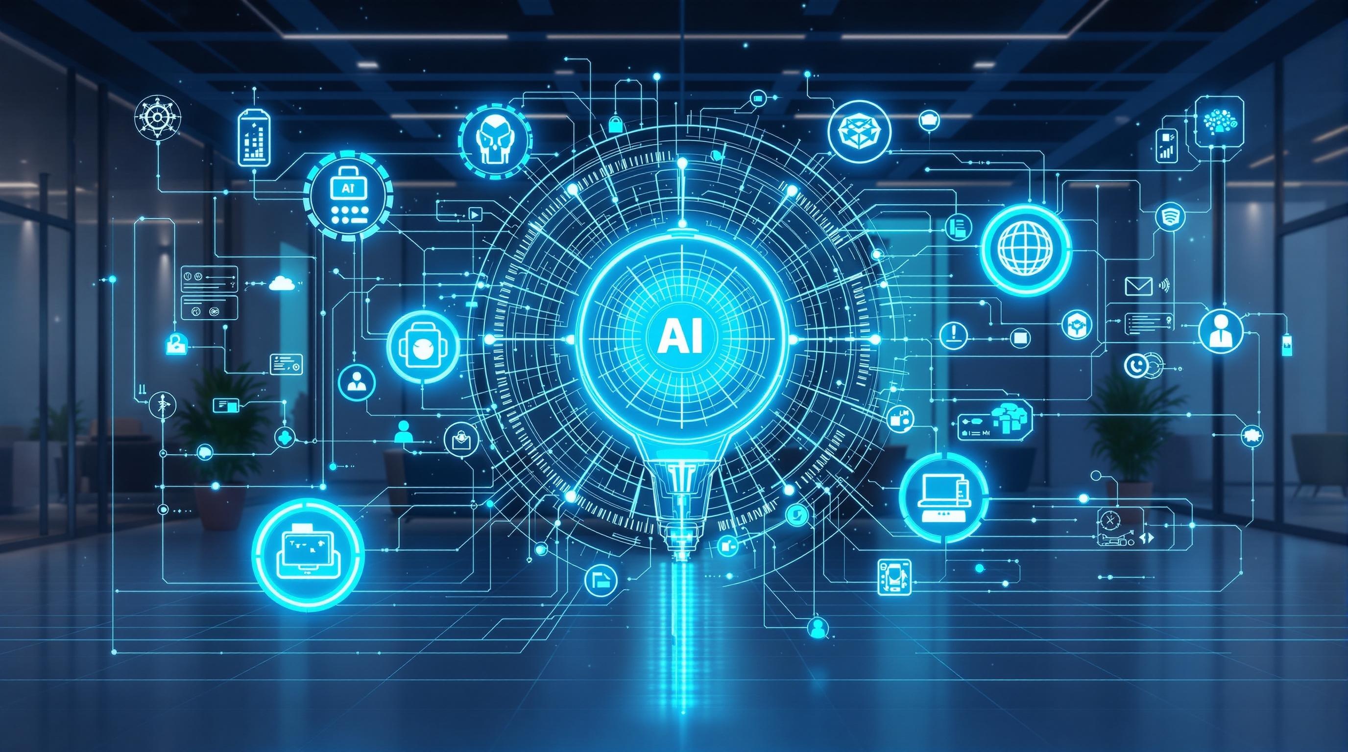 Professional, modern illustration of interconnected AI technologies—machine learning, natural language processing, and computer vision—automating and optimizing business workflows, with subtle digital network elements, clean and futuristic office environment, no text, 16:9 aspect ratio