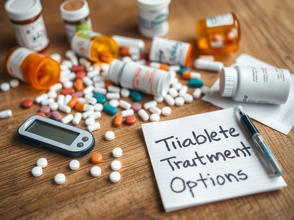 Create a realistic image of various prescription medication bottles and pills scattered on a wooden table, with a glucometer and insulin pen visible nearby. A notepad with "Type 2 Diabetes Treatment Options" written on it is placed in the foreground. The scene is well-lit, emphasizing the details of the medications and medical devices.