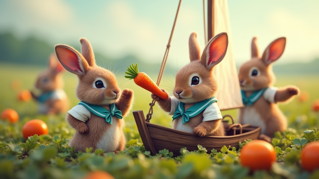 A group of colorful rabbits dressed in tiny sailor outfits, with one rabbit holding a carrot-shaped telescope while another stands proudly at the helm of a small wooden sailboat amidst a field of withering vegetables.